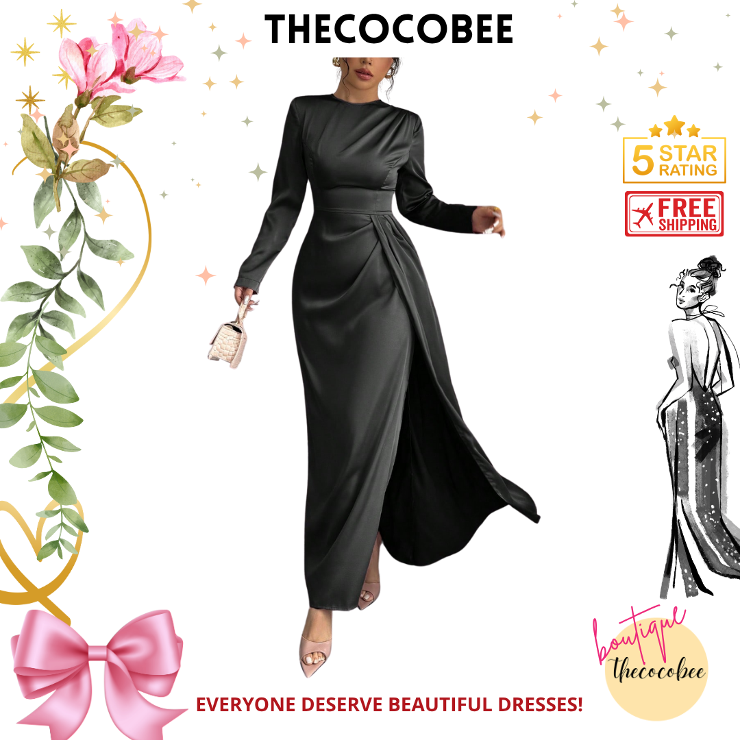#115 Satin Ruched Elegant Maxi Dress in black