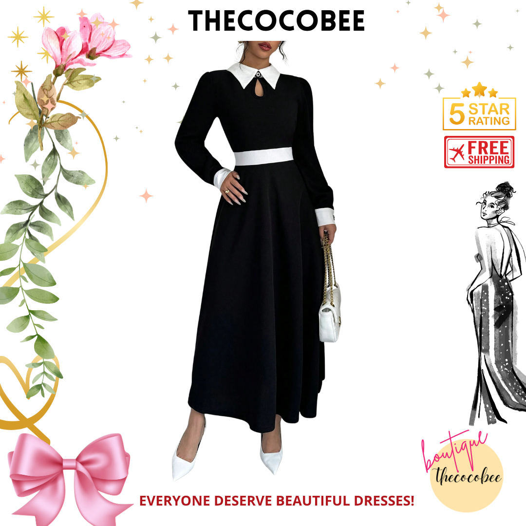 #116 Black Contrast Color Simple Daily Wear Collared Long Sleeve Dress Maxi Women Outfit