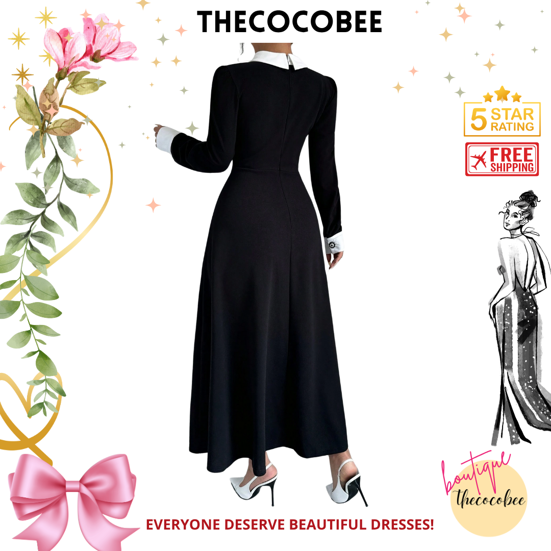 #116 Black Contrast Color Simple Daily Wear Collared Long Sleeve Dress Maxi Women Outfit