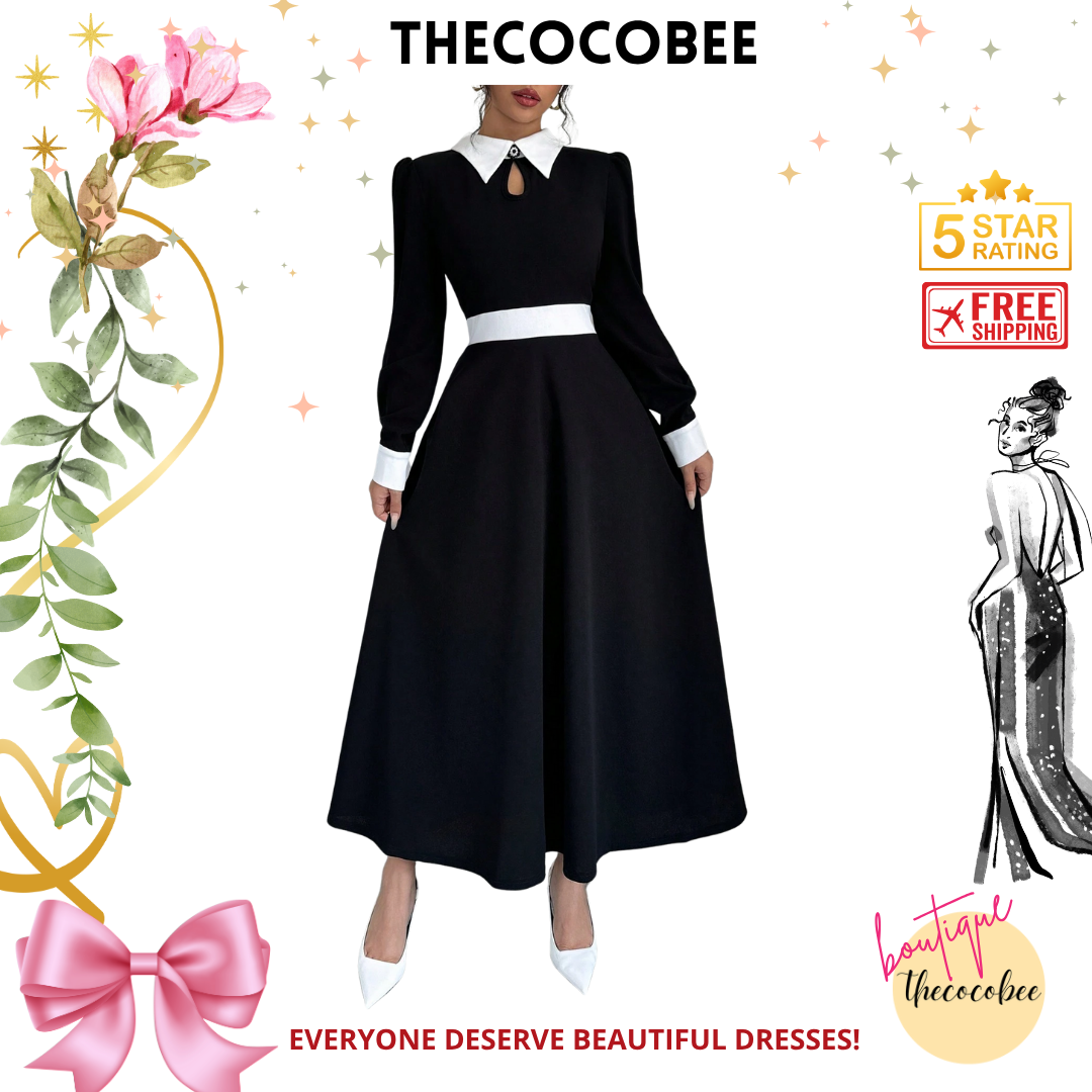 #116 Black Contrast Color Simple Daily Wear Collared Long Sleeve Dress Maxi Women Outfit
