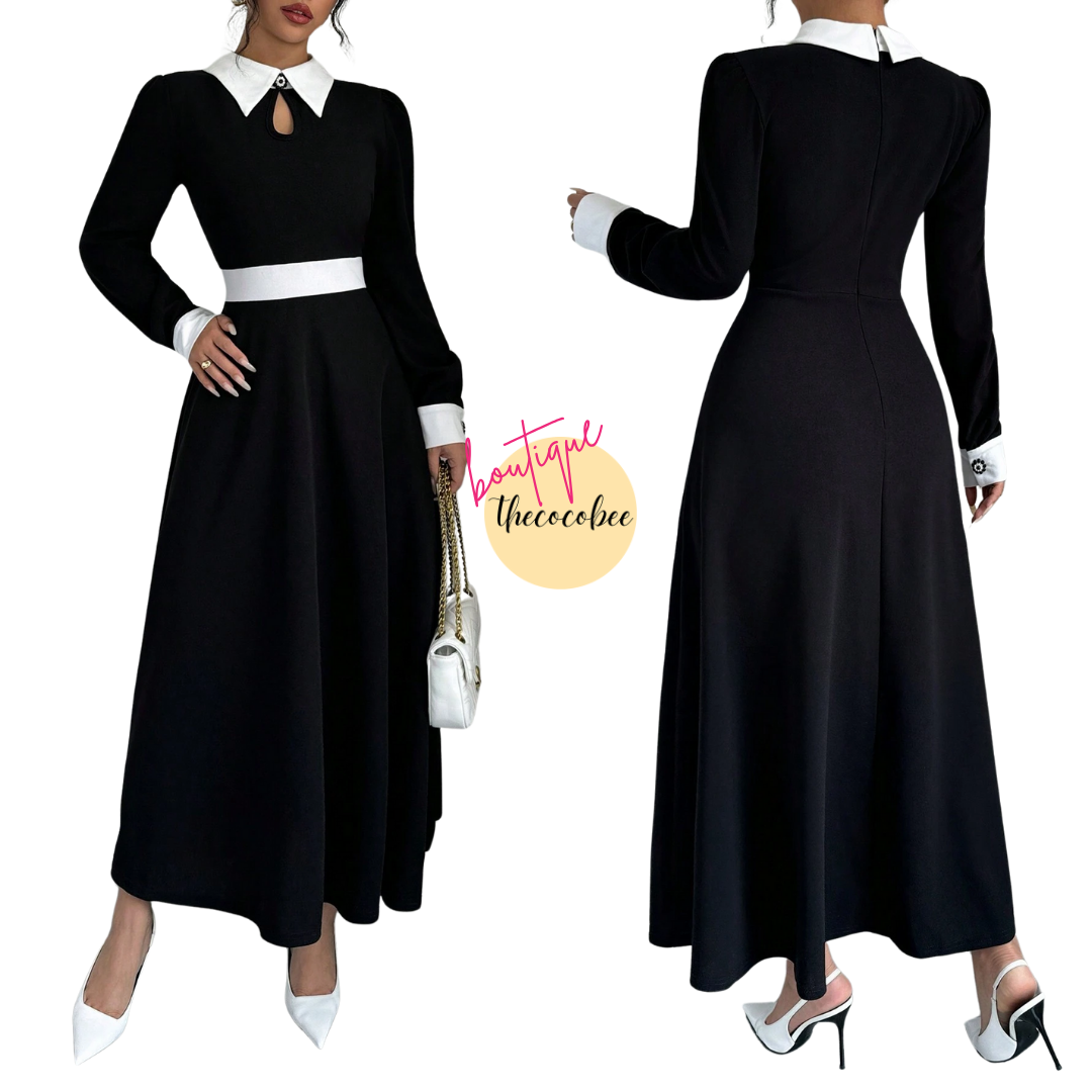 #116 Black Contrast Color Simple Daily Wear Collared Long Sleeve Dress Maxi Women Outfit