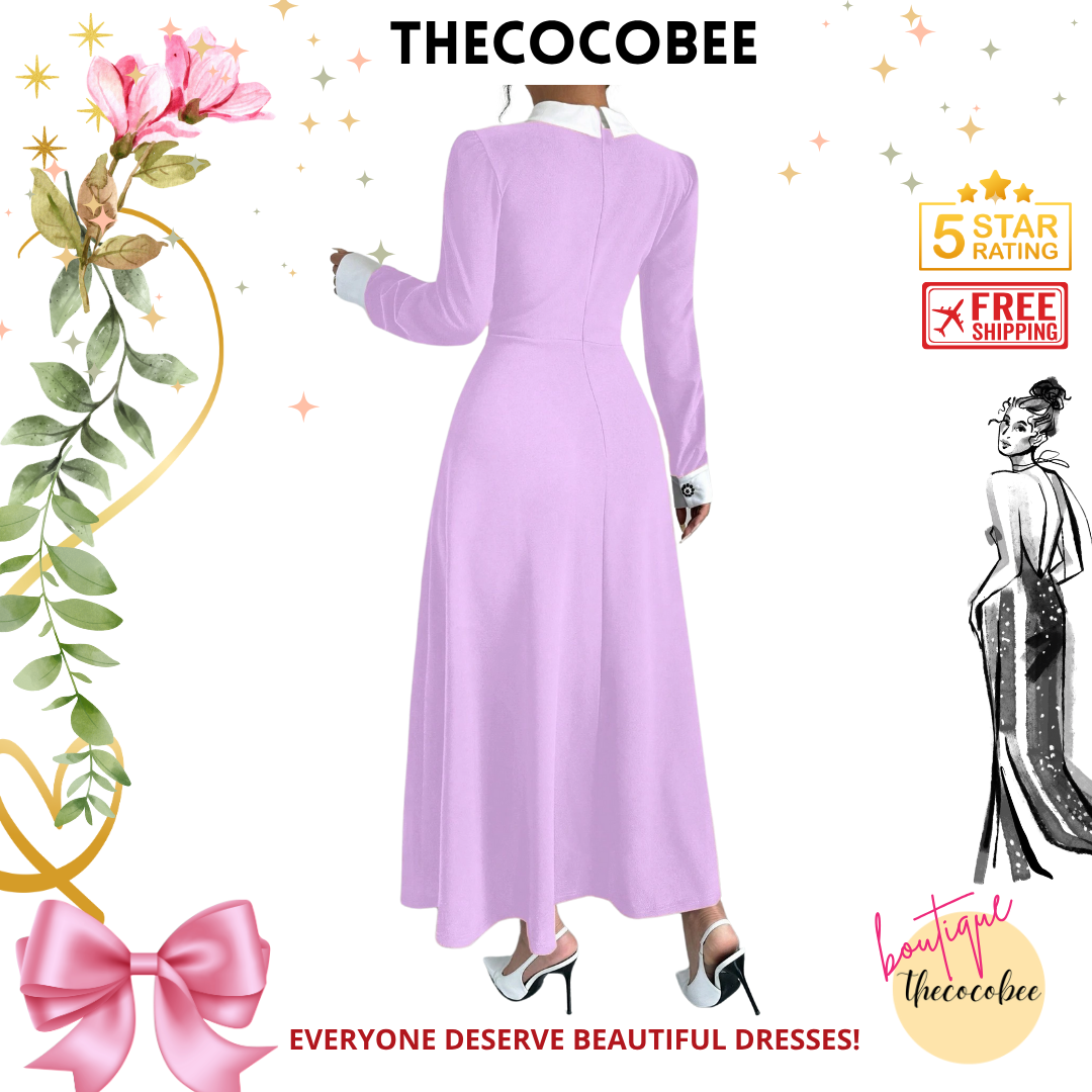 #116 Lilac Purple Contrast Color Trim Hollow Out Elegant Women Office Wear Long Sleeve Dress