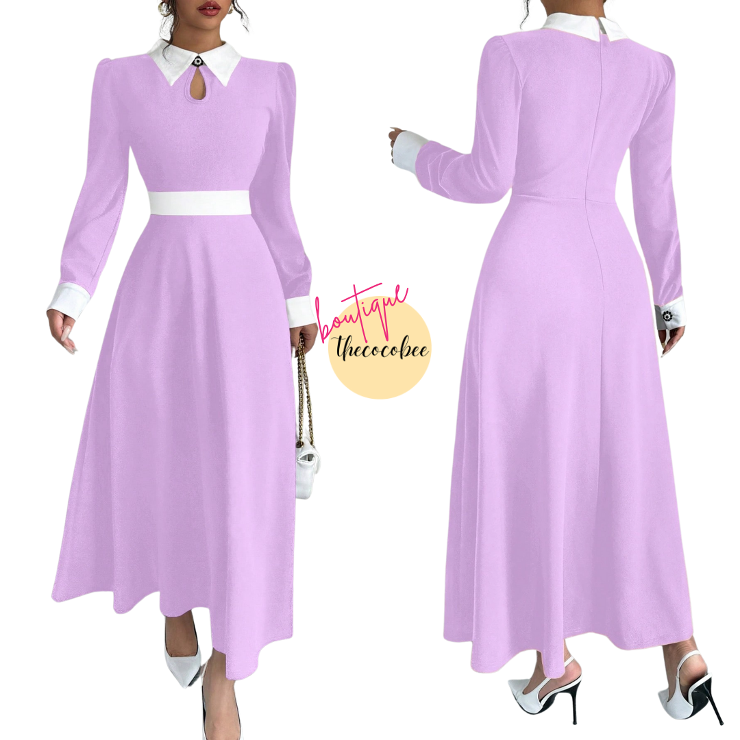 #116 Lilac Purple Contrast Color Trim Hollow Out Elegant Women Office Wear Long Sleeve Dress