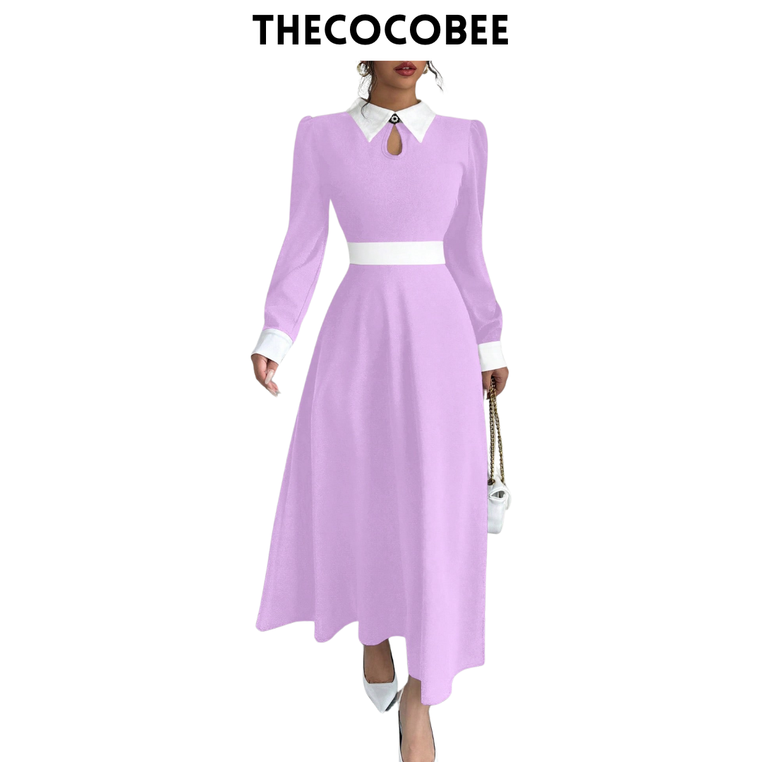 #116 Lilac Purple Contrast Color Trim Hollow Out Elegant Women Office Wear Long Sleeve Dress