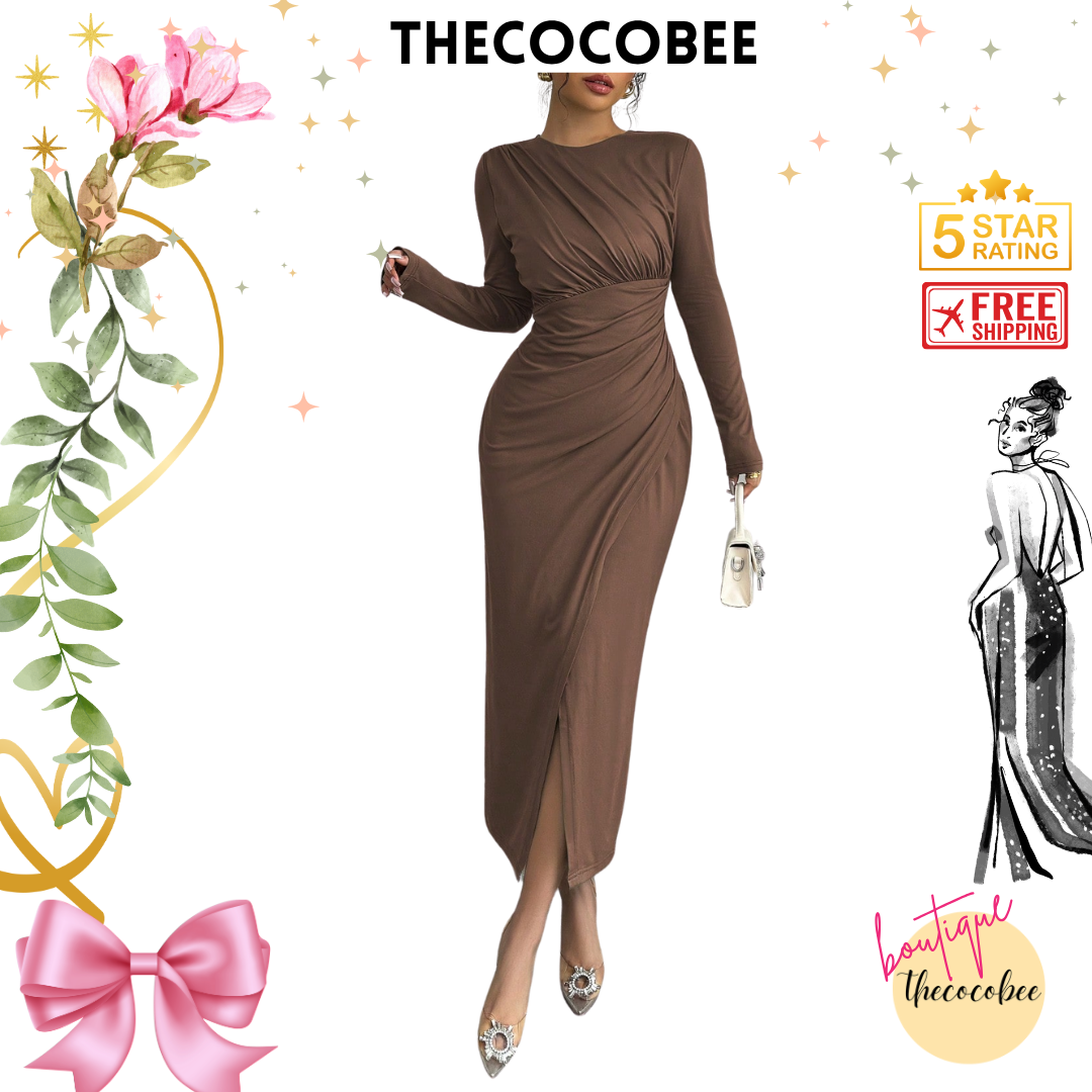 #117 Elegant Work Bodycon Maxi Dress – Coffee Brown