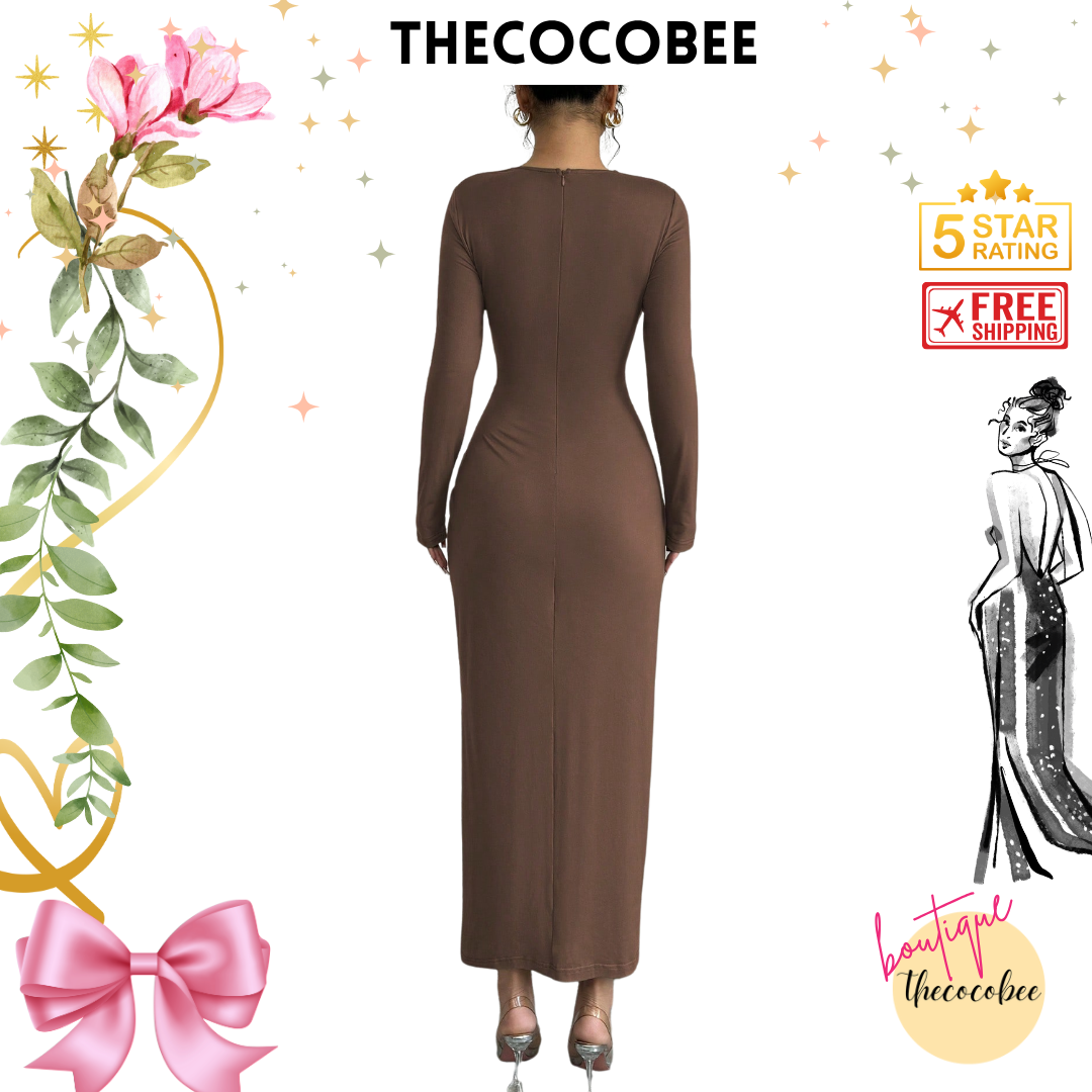 #117 Elegant Work Bodycon Maxi Dress – Coffee Brown