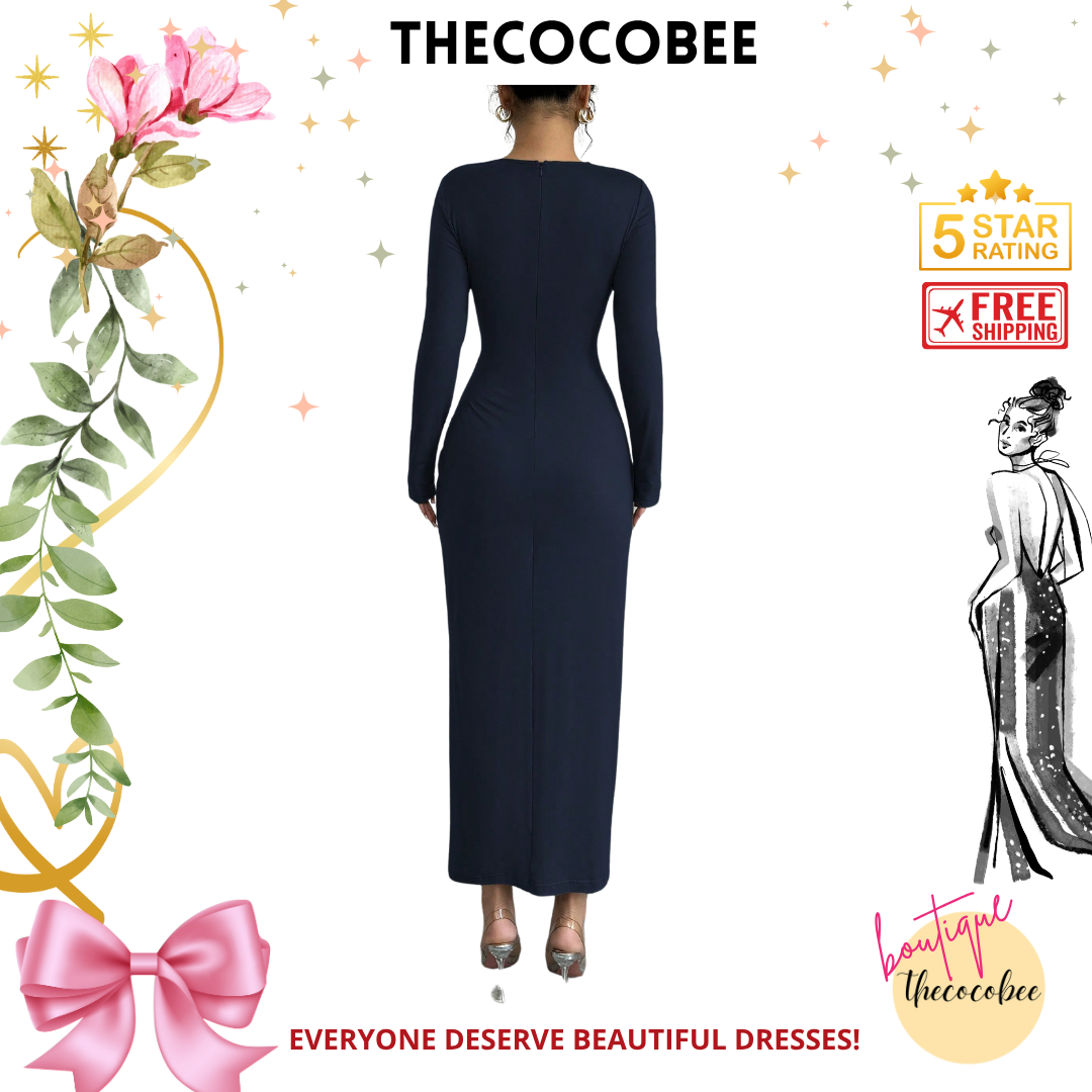 #117 Navy Blue Elegant Work Commute Solid Color Form-Fitting Round Neck Folding Collar Long Sleeve Bodycon Dress, Spring/Autumn/Winter Maxi Women Outfit