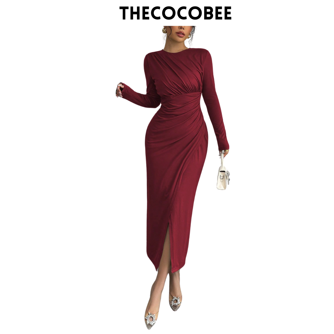 #117 Burgundy Elegant Work Commute Solid Color Form-Fitting Round Neck Folding Collar Long Sleeve Bodycon Dress, Spring/Autumn/Winter Maxi Women Outfit