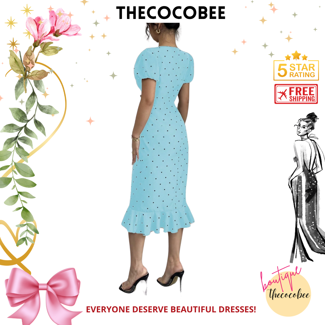 #118 Baby Blue Elegant Bowknot Ruffle Polka Dot Print Lantern Sleeve Dress