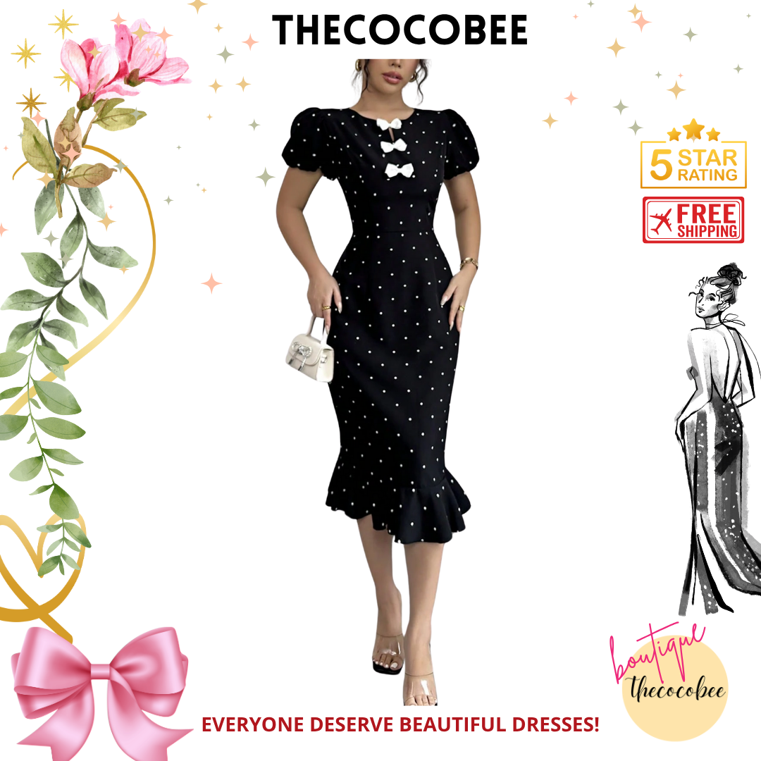 #118 Black and White Lantern Sleeve Elegant Bow Ruffle Polka Dot Print Dress, Black, Graceful Dress For Women