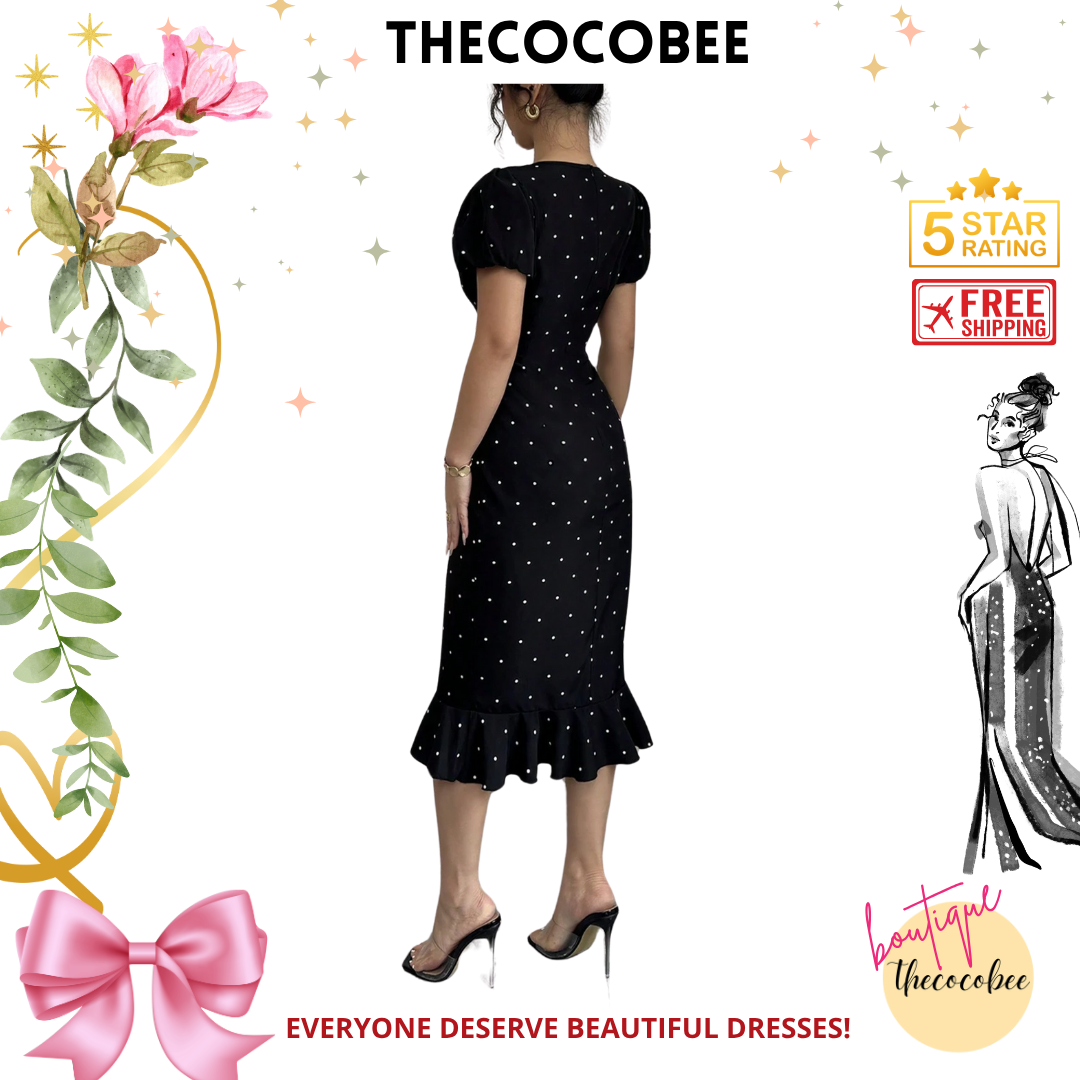 #118 Black and White Lantern Sleeve Elegant Bow Ruffle Polka Dot Print Dress, Black, Graceful Dress For Women