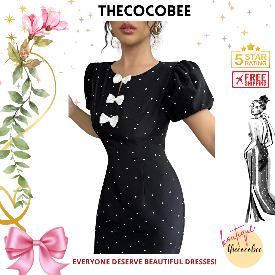 #118 Black and White Lantern Sleeve Elegant Bow Ruffle Polka Dot Print Dress, Black, Graceful Dress For Women