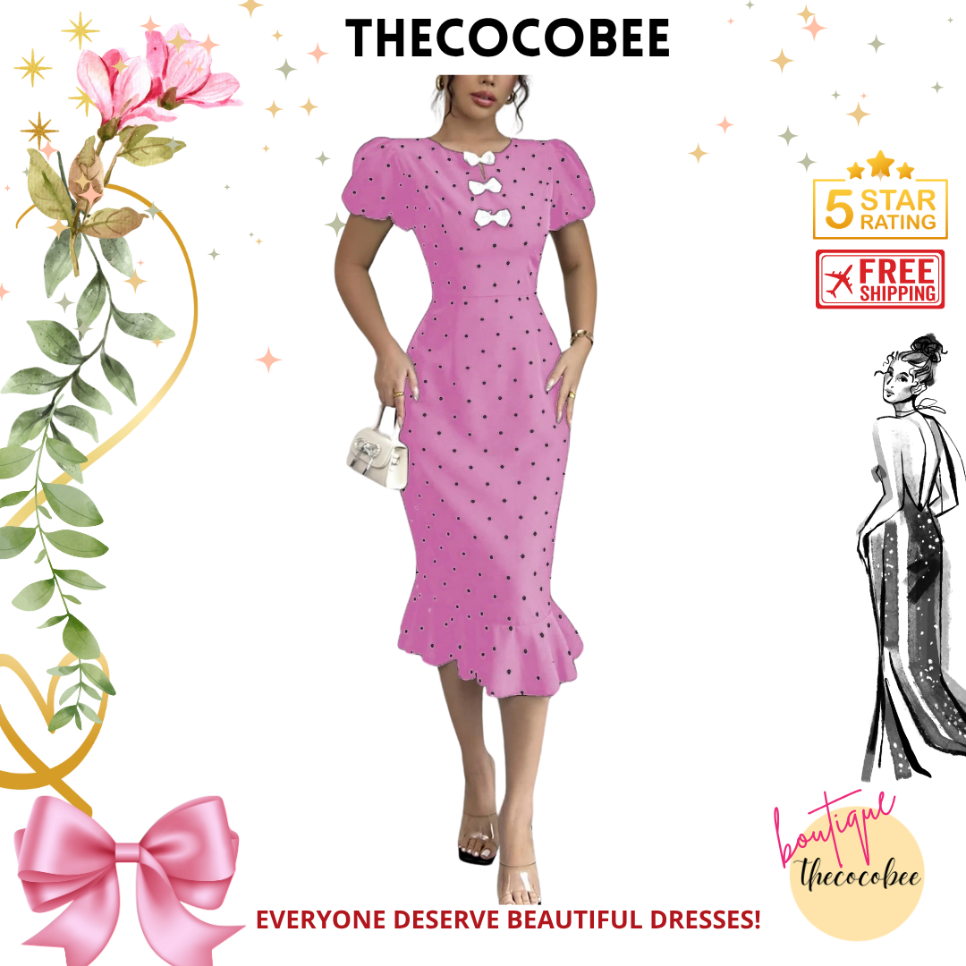 #118 Hot Pink Elegant Ruffle Trim Polka Dot Print Bowknot Lantern Sleeve Dress, Black Dress, Vintage Style Dress For Women