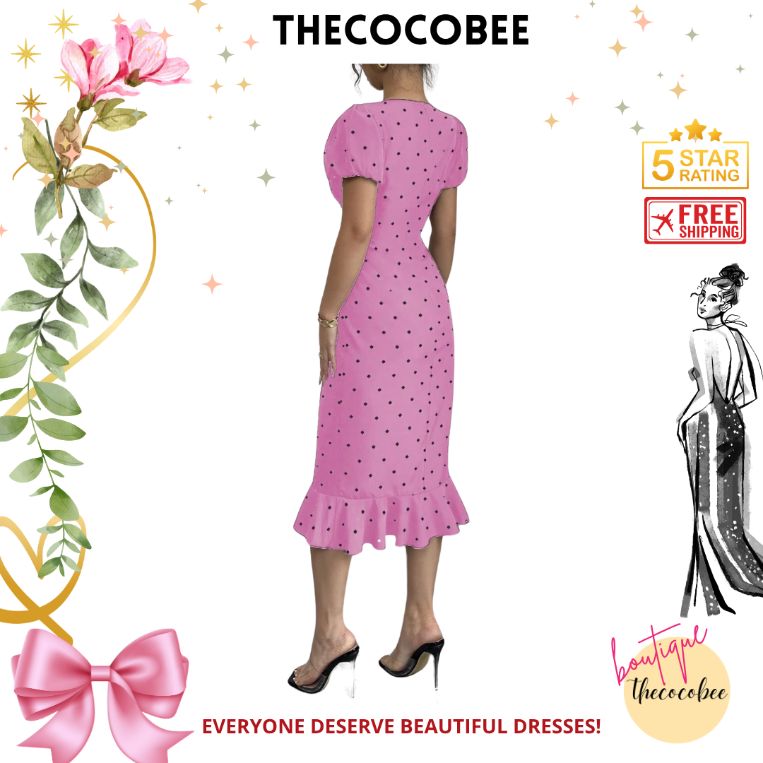 #118 Hot Pink Elegant Ruffle Trim Polka Dot Print Bowknot Lantern Sleeve Dress, Black Dress, Vintage Style Dress For Women