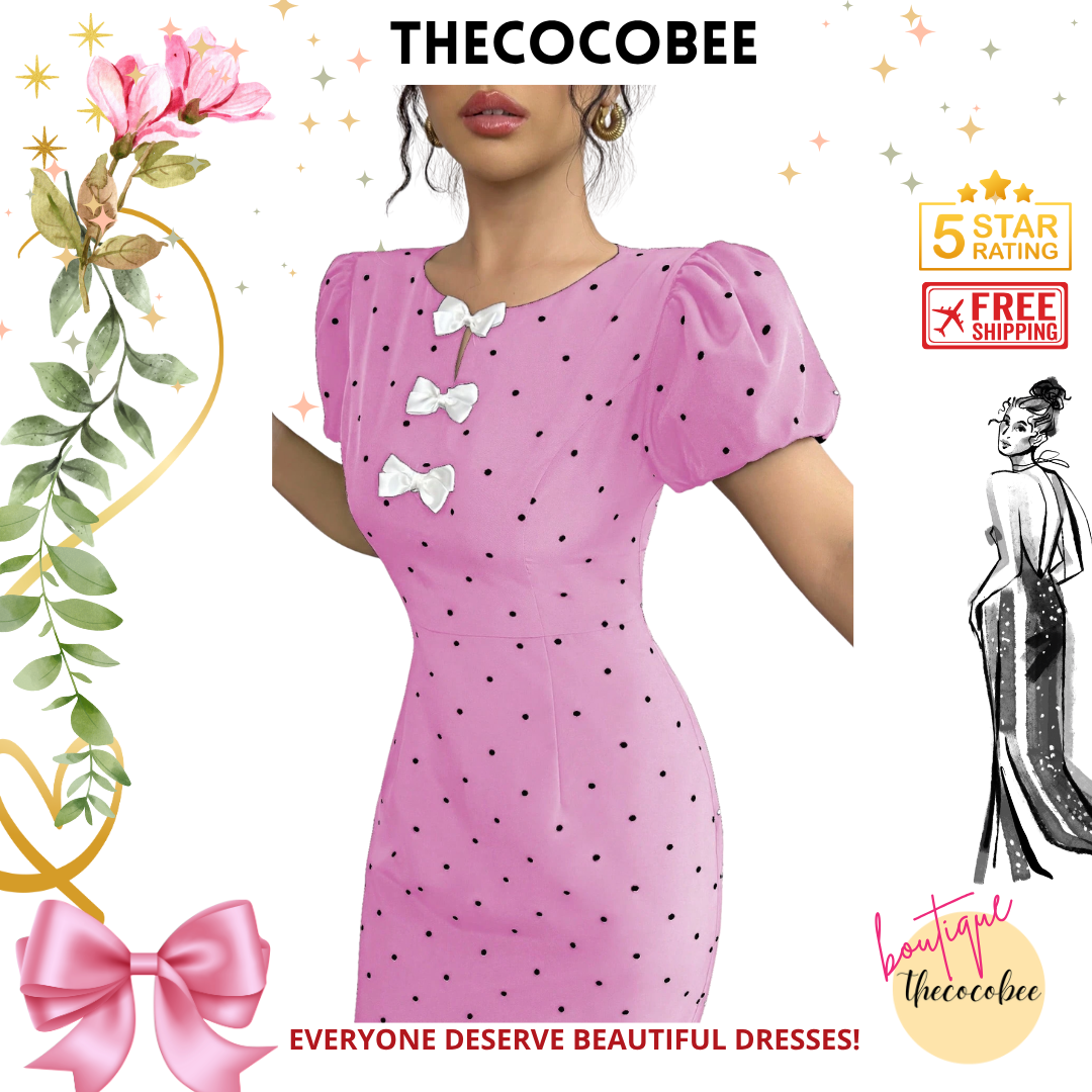 #118 Hot Pink Elegant Ruffle Trim Polka Dot Print Bowknot Lantern Sleeve Dress, Black Dress, Vintage Style Dress For Women