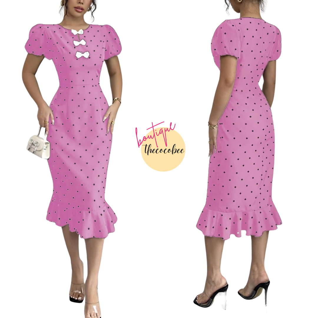 #118 Hot Pink Elegant Ruffle Trim Polka Dot Print Bowknot Lantern Sleeve Dress, Black Dress, Vintage Style Dress For Women
