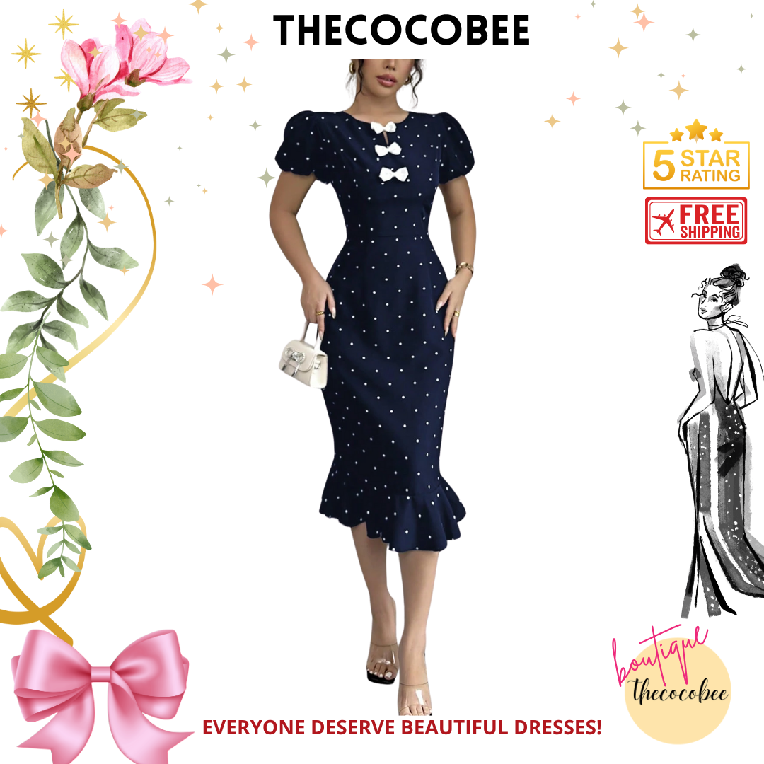 #118 Navy Blue Elegant Lantern Sleeve Bowknot Ruffle Polka Dot Print Dress, Stylish Dress For Women
