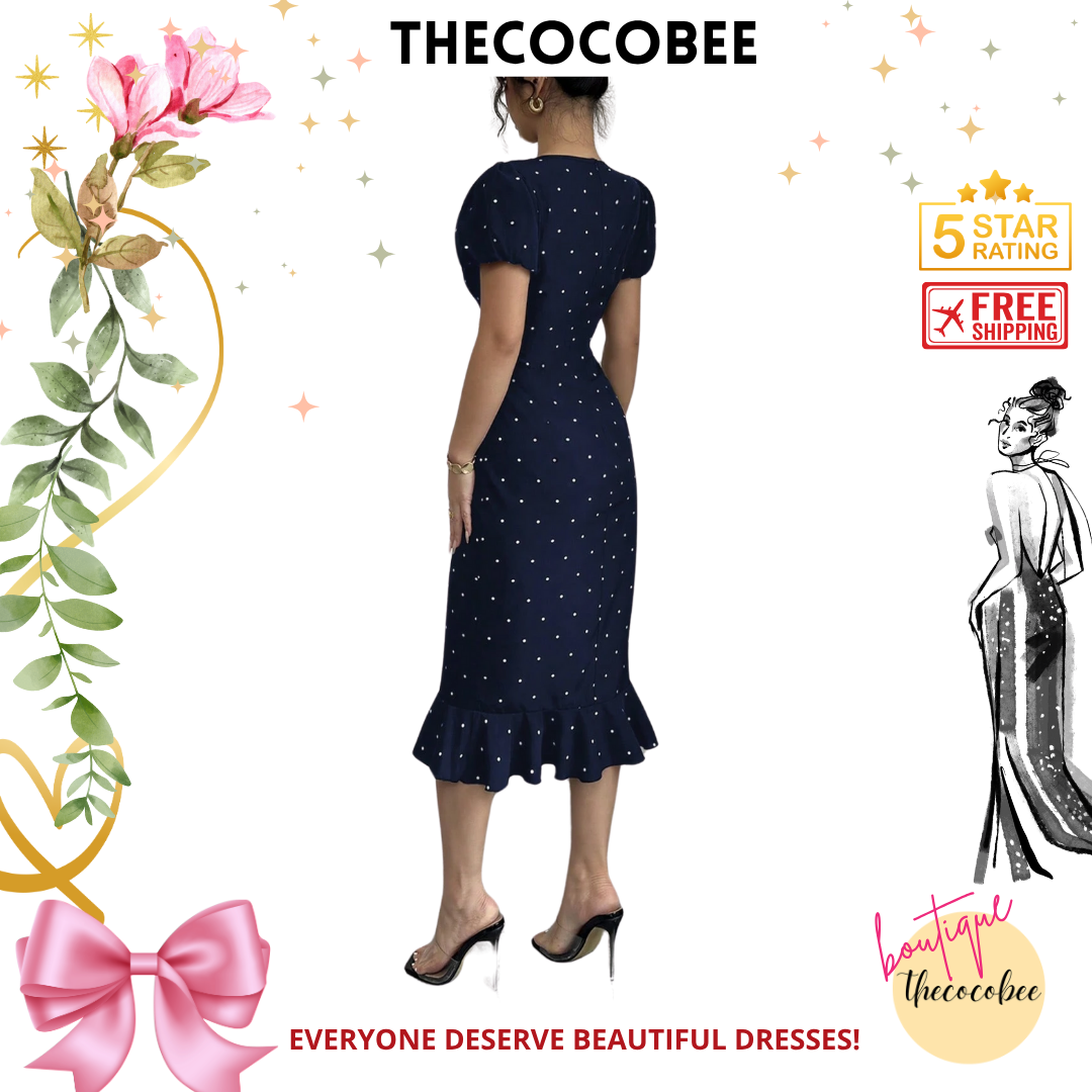 #118 Navy Blue Elegant Lantern Sleeve Bowknot Ruffle Polka Dot Print Dress, Stylish Dress For Women