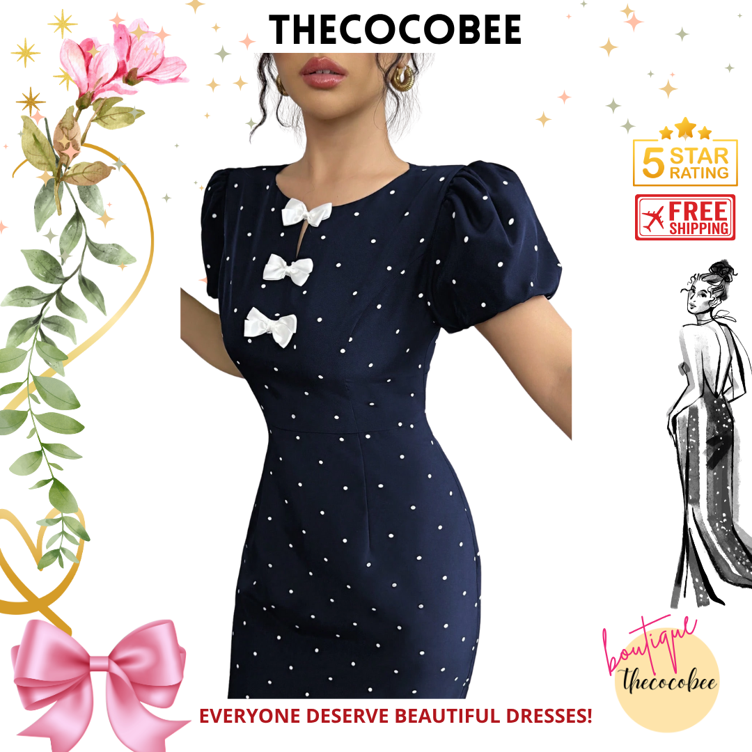 #118 Navy Blue Elegant Lantern Sleeve Bowknot Ruffle Polka Dot Print Dress, Stylish Dress For Women