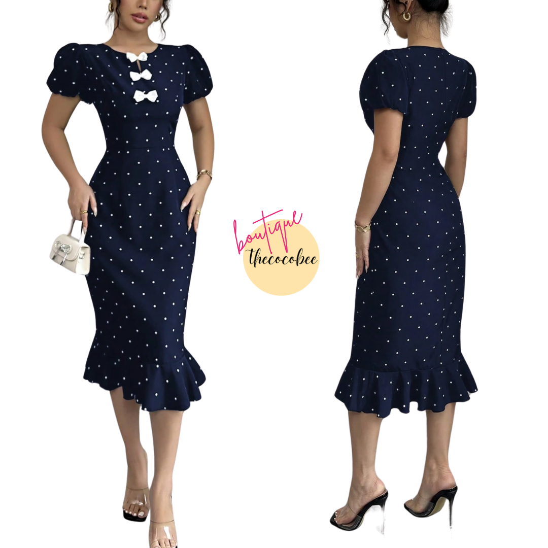 #118 Navy Blue Elegant Lantern Sleeve Bowknot Ruffle Polka Dot Print Dress, Stylish Dress For Women