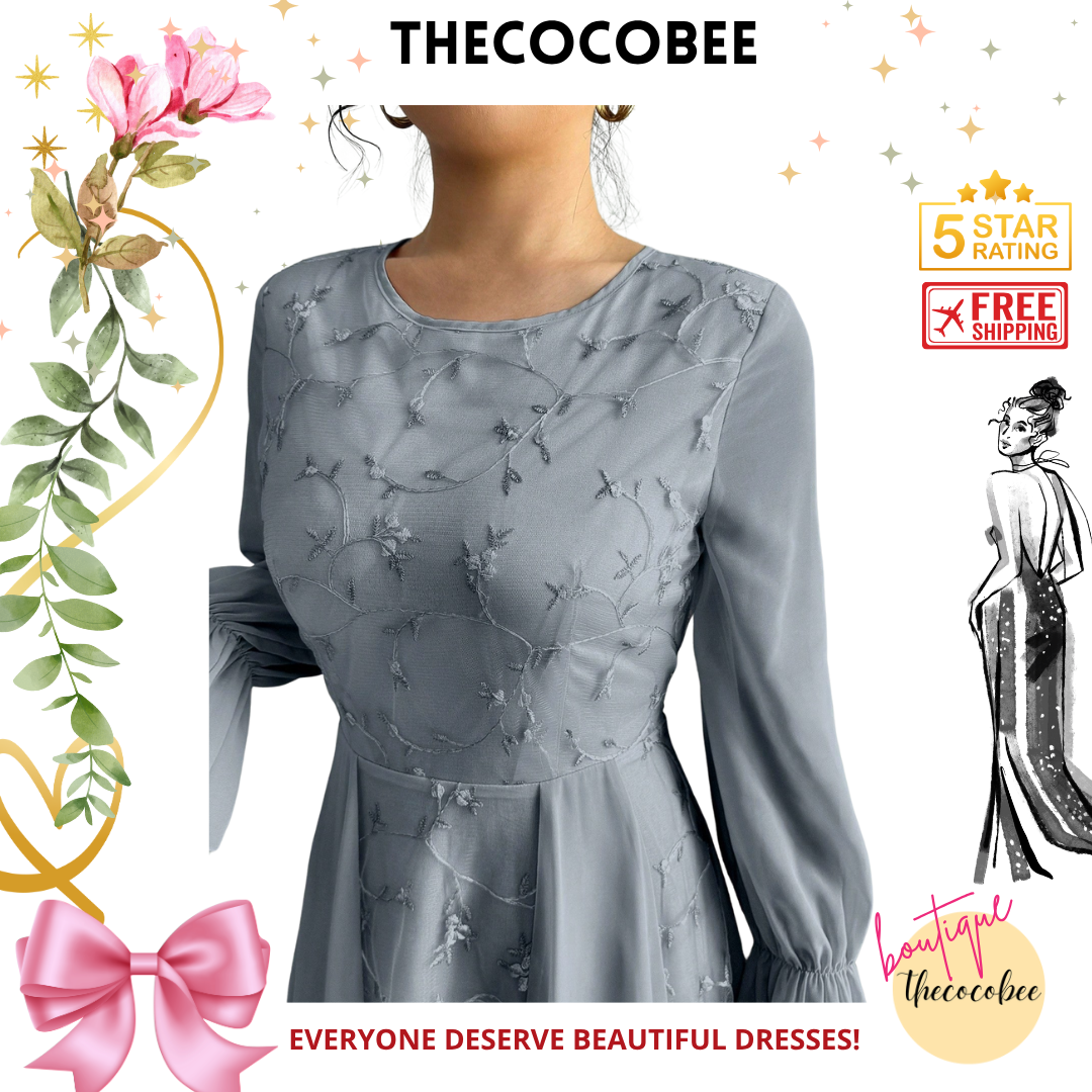 #120 Gray Blue Long Mesh Embroidered Patchwork Chiffon Long Sleeve Dress For Women