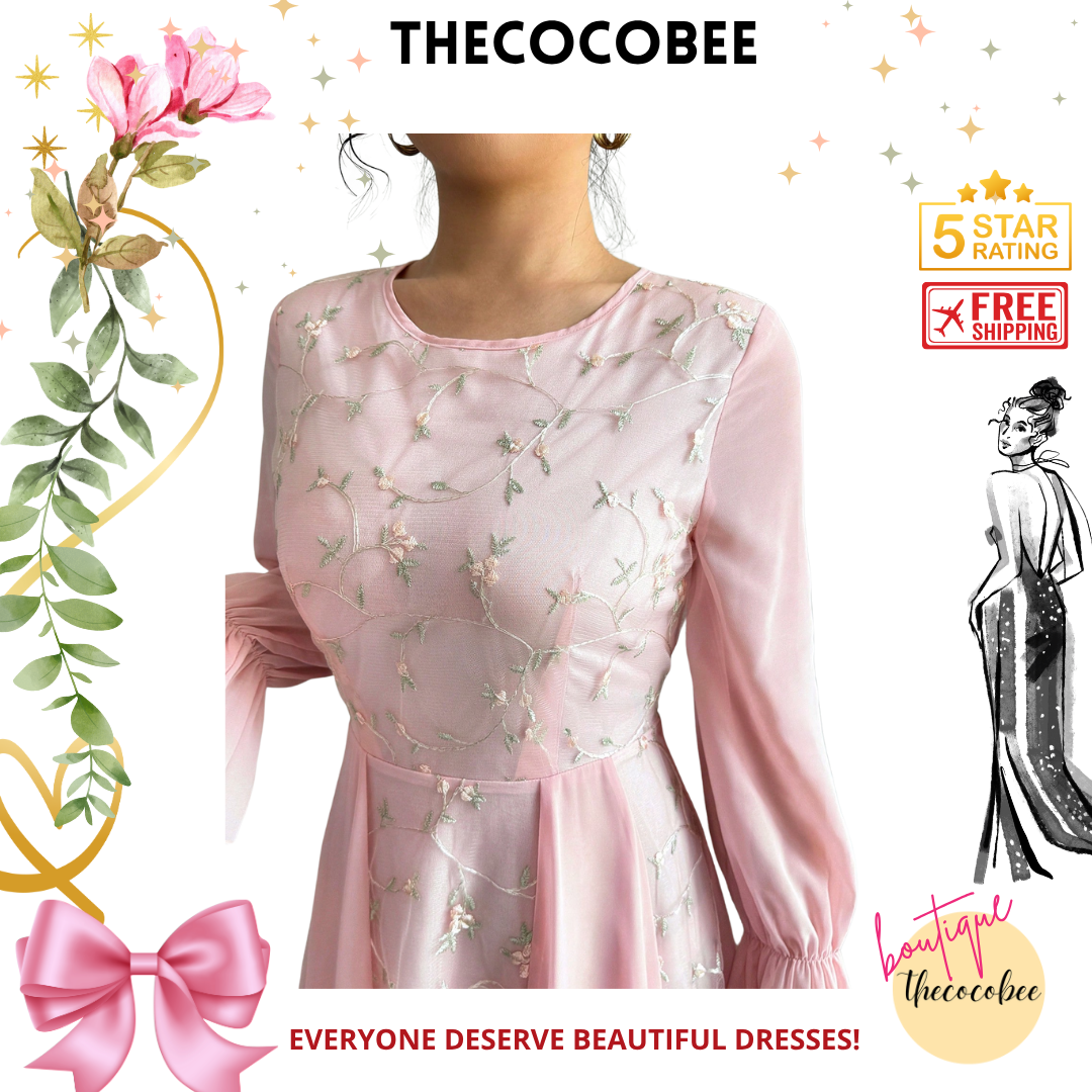 #120 Pink Mesh Embroidered Patchwork Chiffon Flare Sleeve Dress For Women