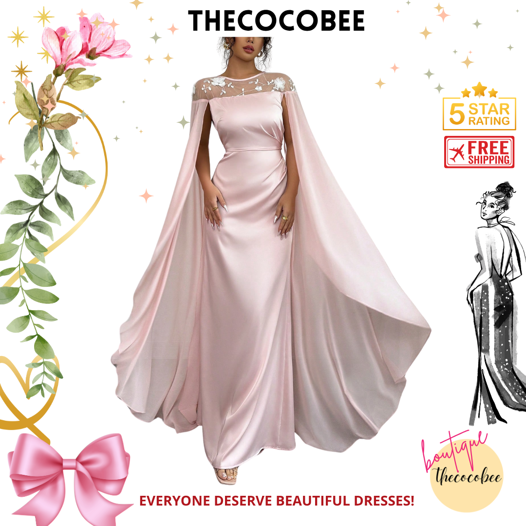 #121 Pink Elegant Luxurious Elegant Pink Round Neck Hollow Out Mesh Splice Sheer Flowy Long Sleeve Pleated Waist Slim Hem Dress For Women