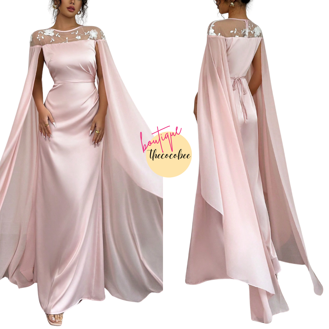 #121 Pink Elegant Luxurious Elegant Pink Round Neck Hollow Out Mesh Splice Sheer Flowy Long Sleeve Pleated Waist Slim Hem Dress For Women