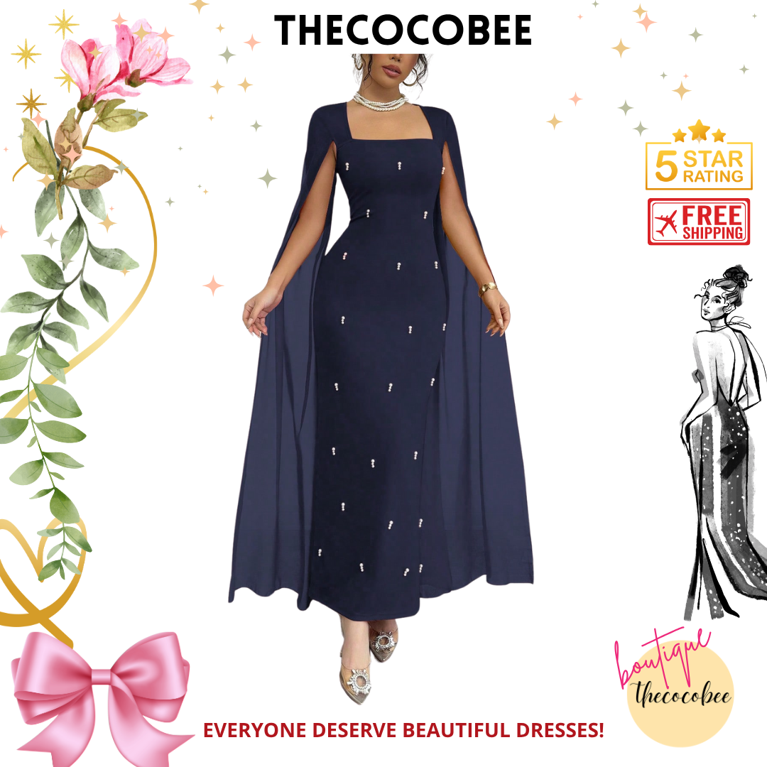 #122 Navy Blue Elegant French Banquet Slim Fit Rhinestone-Studded Luxurious Chiffon Sheer Knit Stretchy Red Dress, Long Fishtail, Autumn/Winter