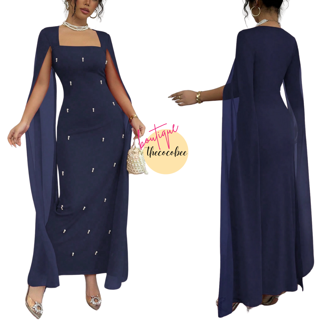 #122 Navy Blue Elegant French Banquet Slim Fit Rhinestone-Studded Luxurious Chiffon Sheer Knit Stretchy Red Dress, Long Fishtail, Autumn/Winter