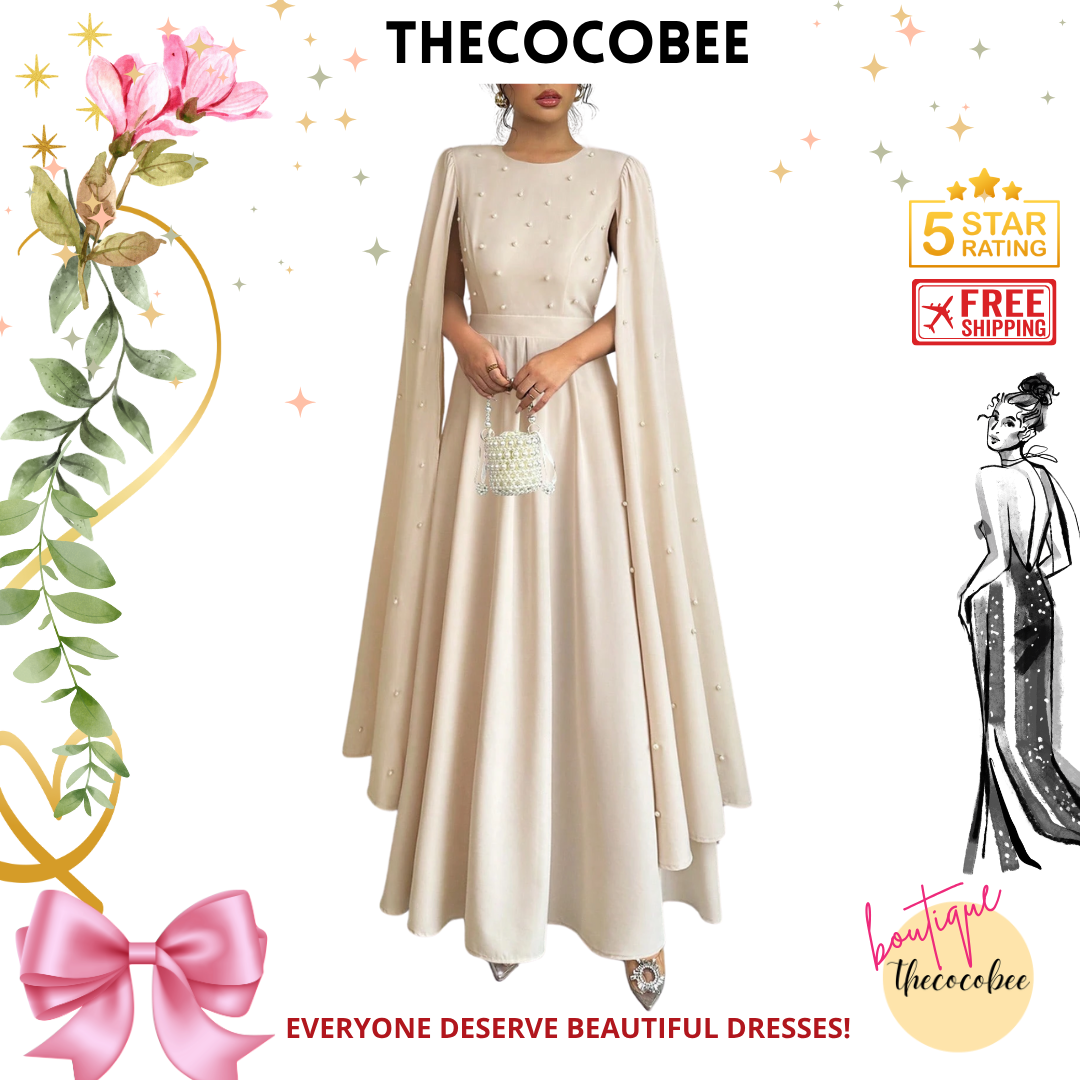 #123 Apricot Luxury Pearl Decorated Evening Gown
