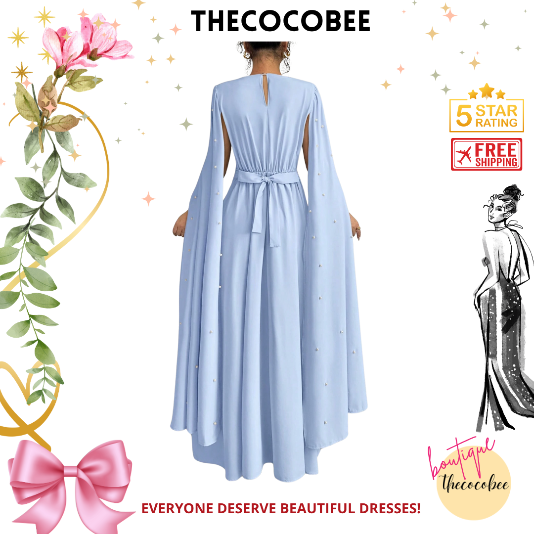 #123 Baby Blue Luxury Elegant Pearl Decorated Evening Dress
