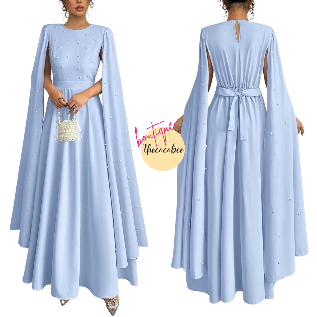 #123 Baby Blue Luxury Elegant Pearl Decorated Evening Dress