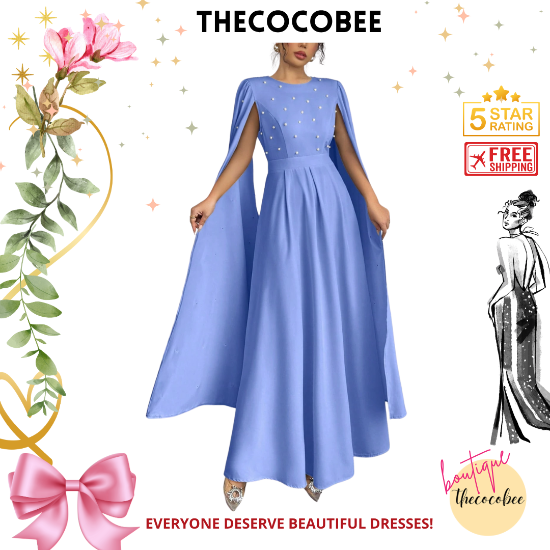 #123 Blue Luxury Pearl Embellished Evening Gown