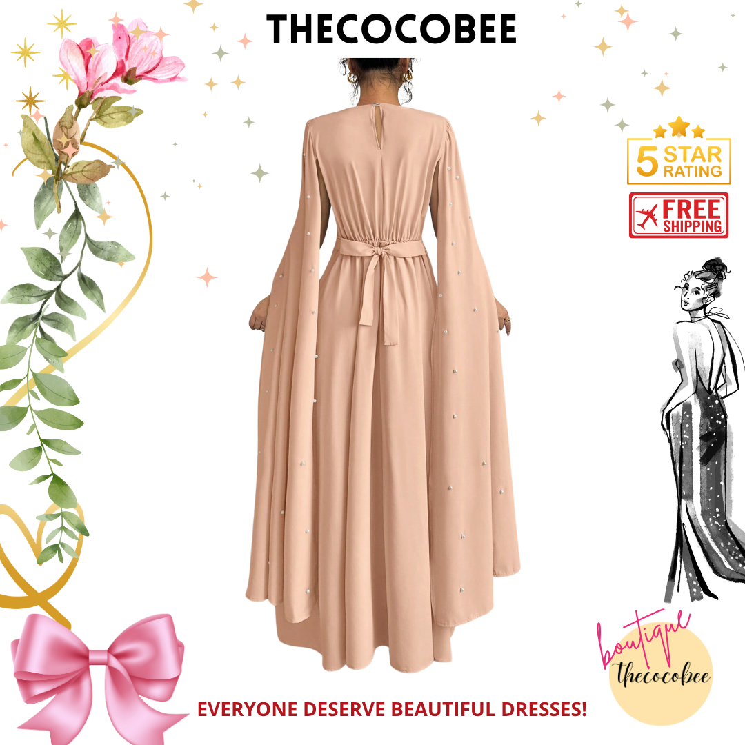 #123 Coral Pink Pearl Decor Luxury Evening Dress