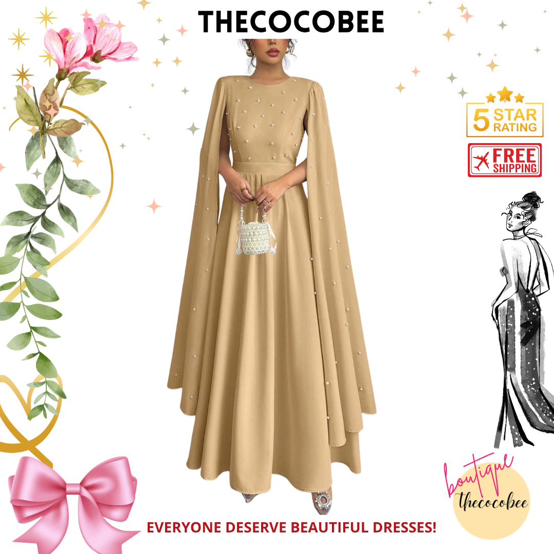 #123 Khaki Luxury Pearl Decorated Formal Evening Dress