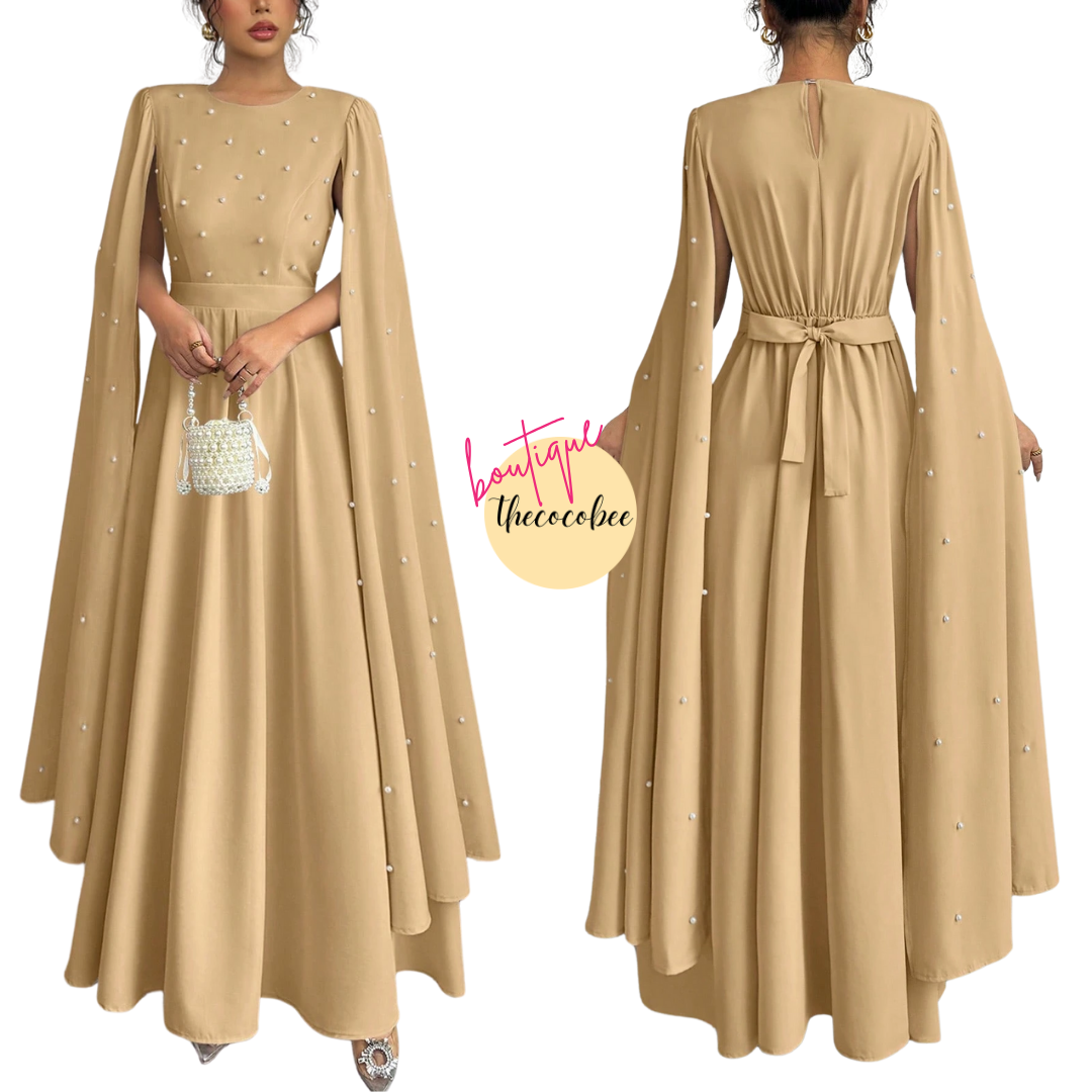 #123 Khaki Luxury Pearl Decorated Formal Evening Dress