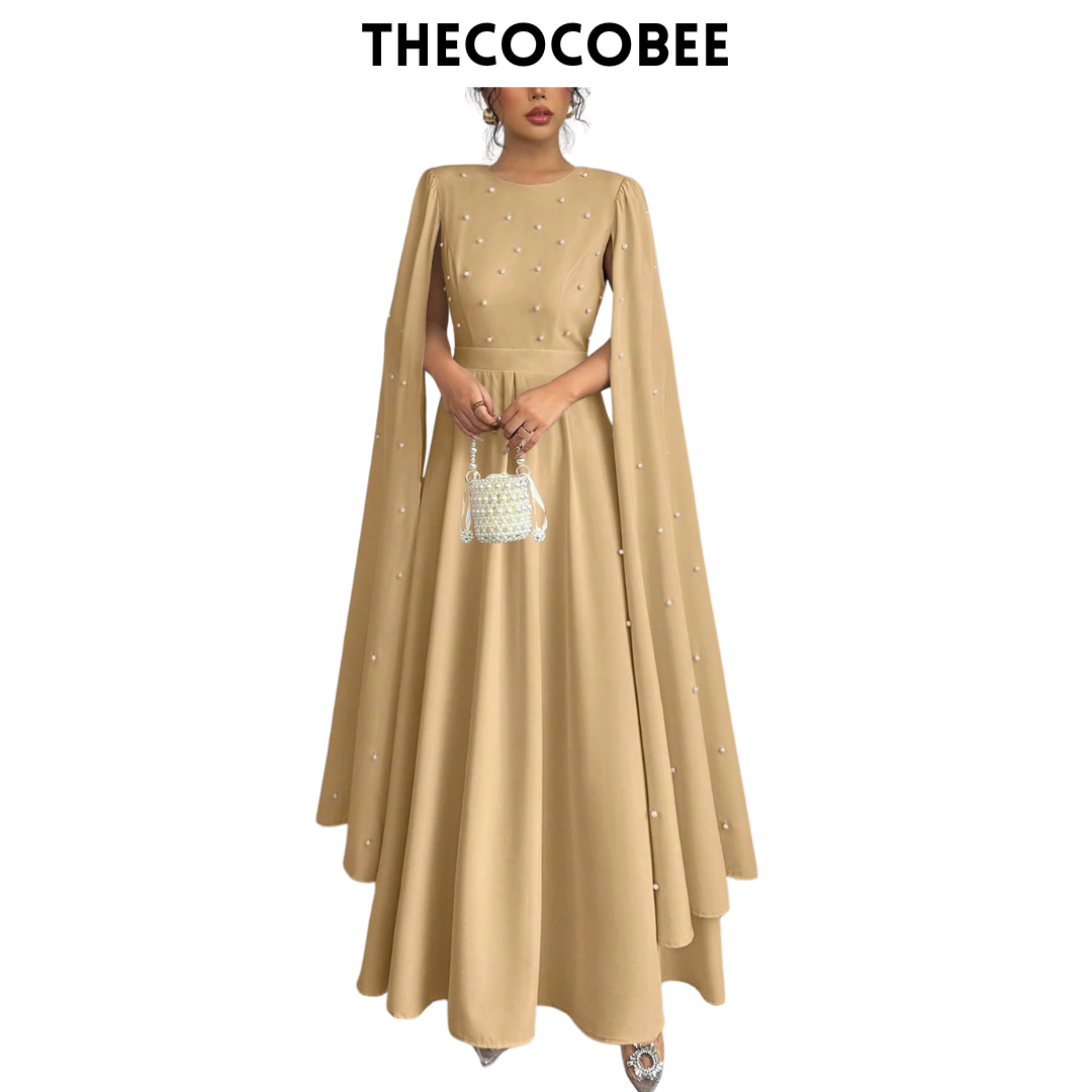 #123 Khaki Luxury Pearl Decorated Formal Evening Dress