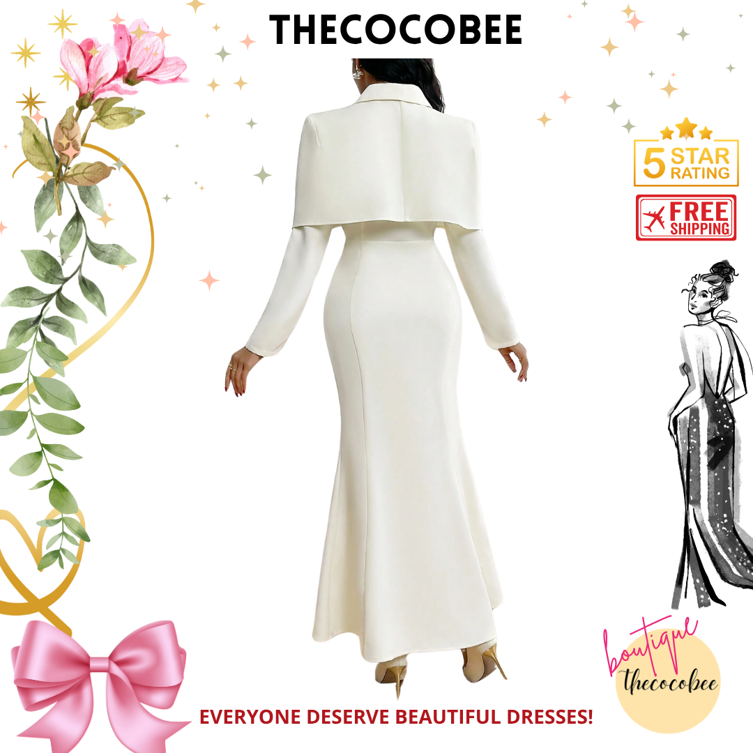 #124 Beige Long Elegant Party Evening Cape Dress With Pearl Buttons And Hand Studded Diamonds