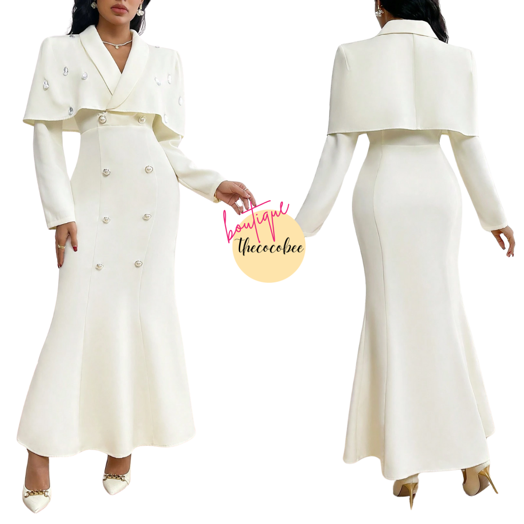 #124 Beige Long Elegant Party Evening Cape Dress With Pearl Buttons And Hand Studded Diamonds