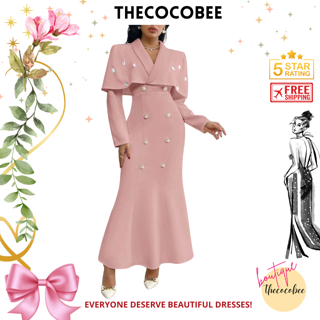 #124 Pink Double Button Cape Design Mermaid Hem Elegant Dress