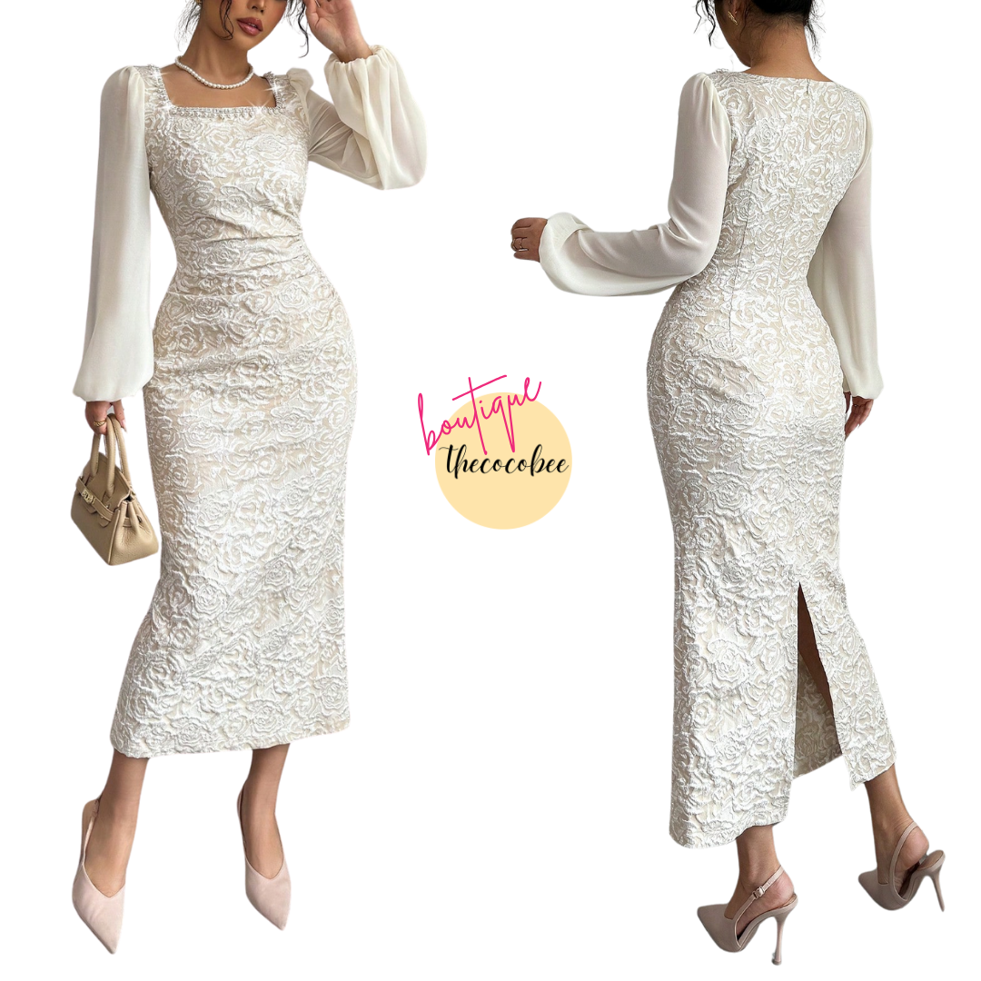#125 Apricot Color Patchwork Chain Intarsia Waist Fitted Bodycon Dress