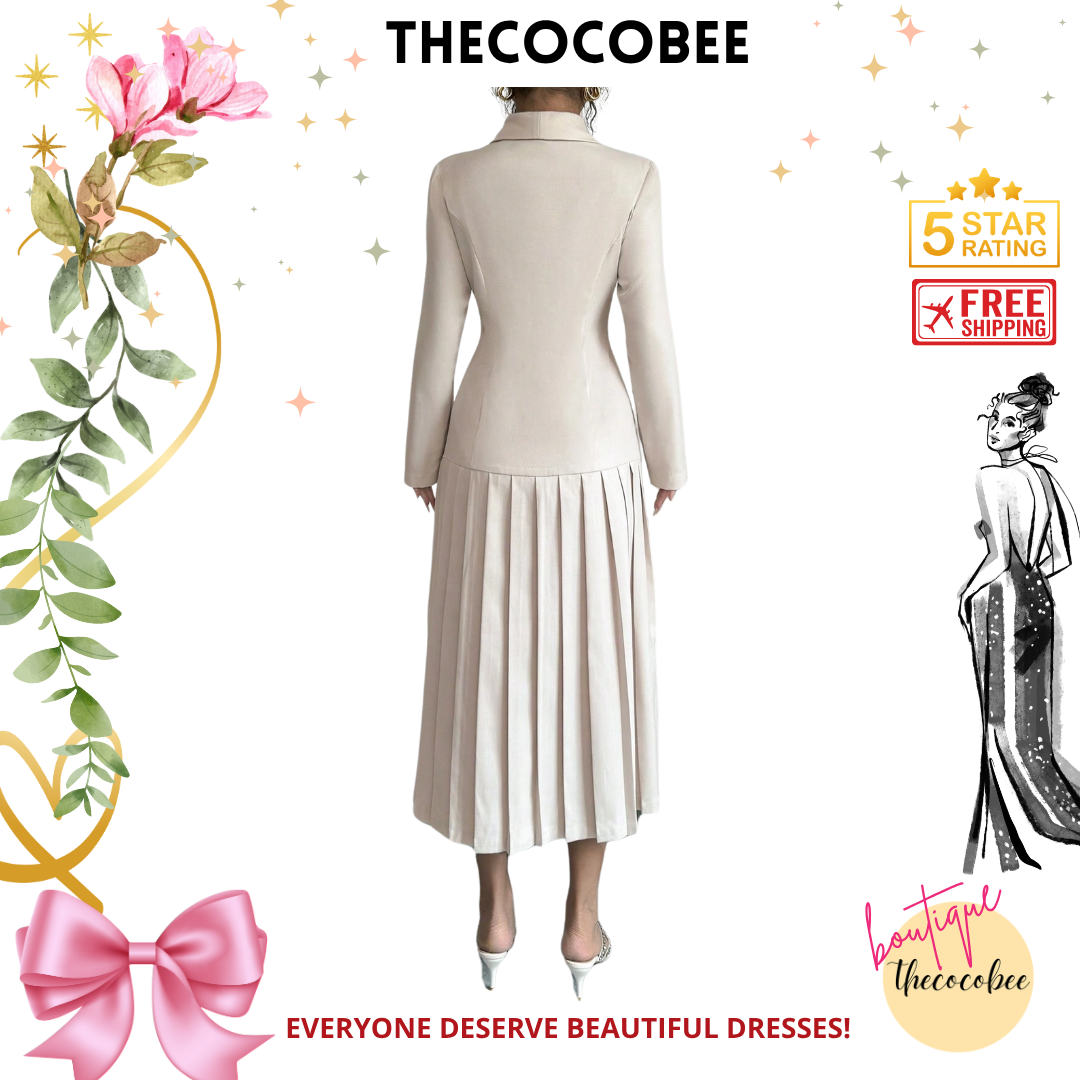 #126 Apricot Elegant Commuter Turn-Down Collar Double-Breasted Cinched Waist Pleated Hem Long Sleeve Long Dress, Spring/Autumn/Winter Maxi Women Outfit