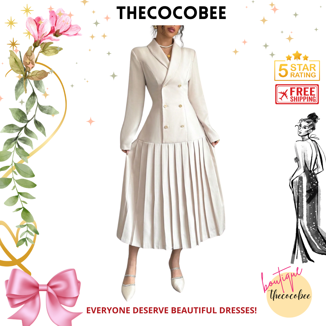 #126 Apricot Elegant Commuter Turn-Down Collar Double-Breasted Cinched Waist Pleated Hem Long Sleeve Long Dress, Spring/Autumn/Winter Maxi Women Outfit