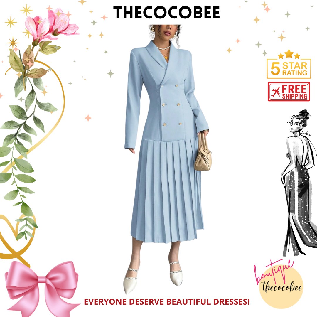 #126 Baby Blue Elegant Commuter Turn-Down Collar Double-Breasted Cinched Waist Pleated Hem Long Sleeve Long Dress, Spring/Autumn/Winter Maxi Women Outfit
