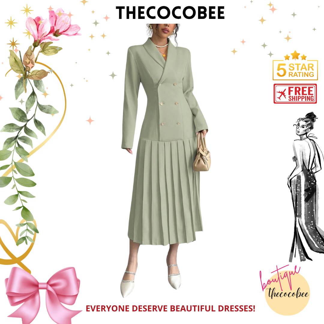 #126 Mint Green Elegant Commuter Turn-Down Collar Double-Breasted Cinched Waist Pleated Hem Long Sleeve Long Dress, Spring/Autumn/Winter Maxi Women Outfit
