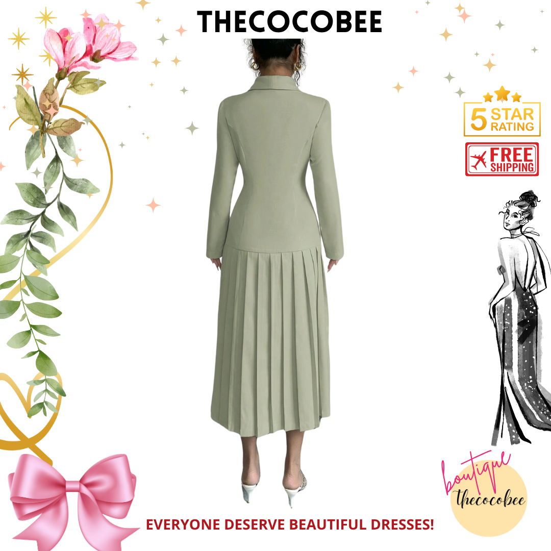 #126 Mint Green Elegant Commuter Turn-Down Collar Double-Breasted Cinched Waist Pleated Hem Long Sleeve Long Dress, Spring/Autumn/Winter Maxi Women Outfit