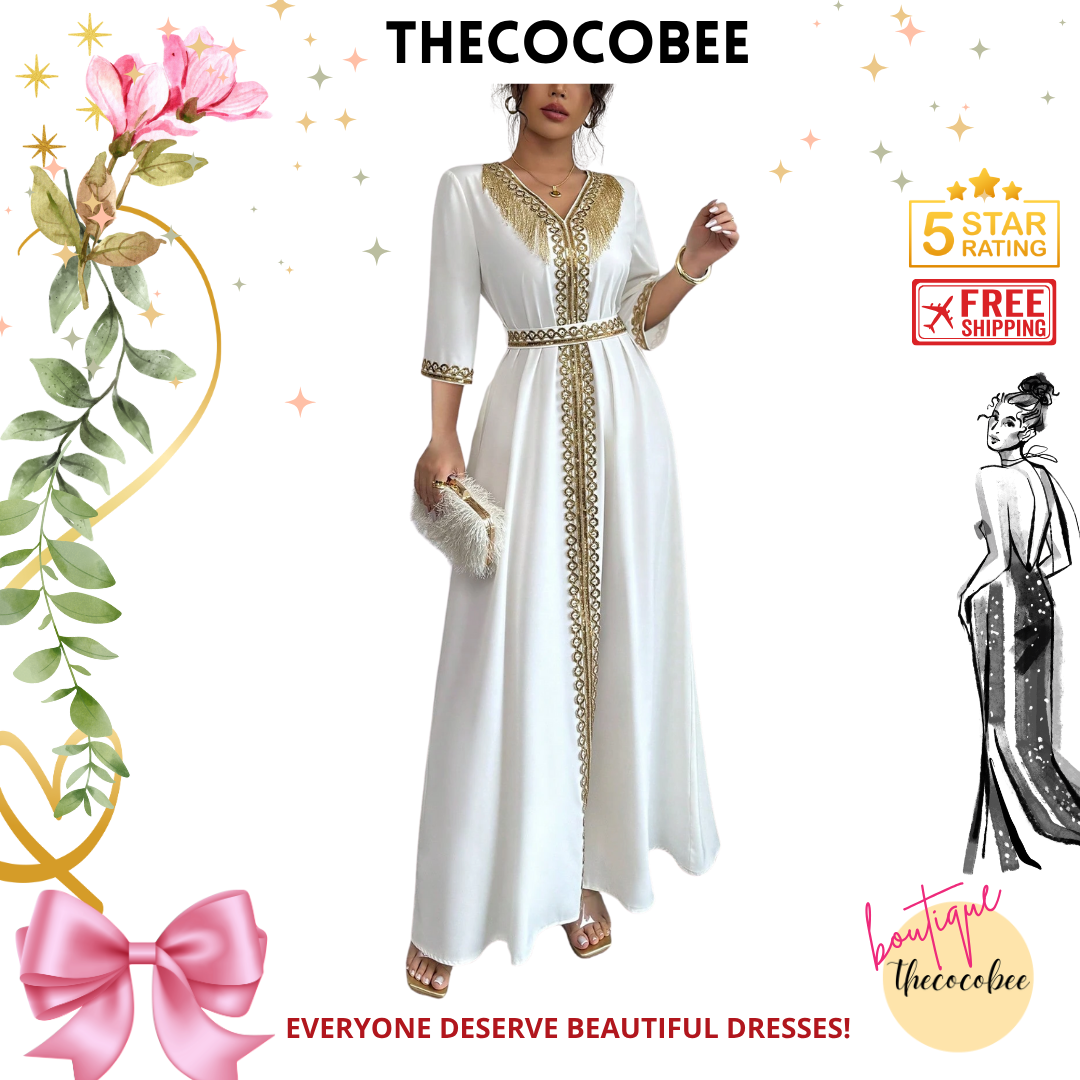 #127 Beige Elegant Sequin Patchwork Tassel Decor Dress