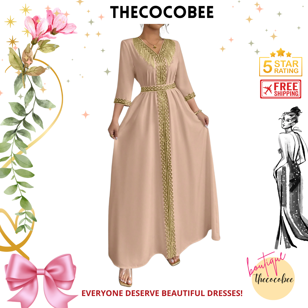 #127 Khaki Elegant Fringe & Sequin Patchwork Dress