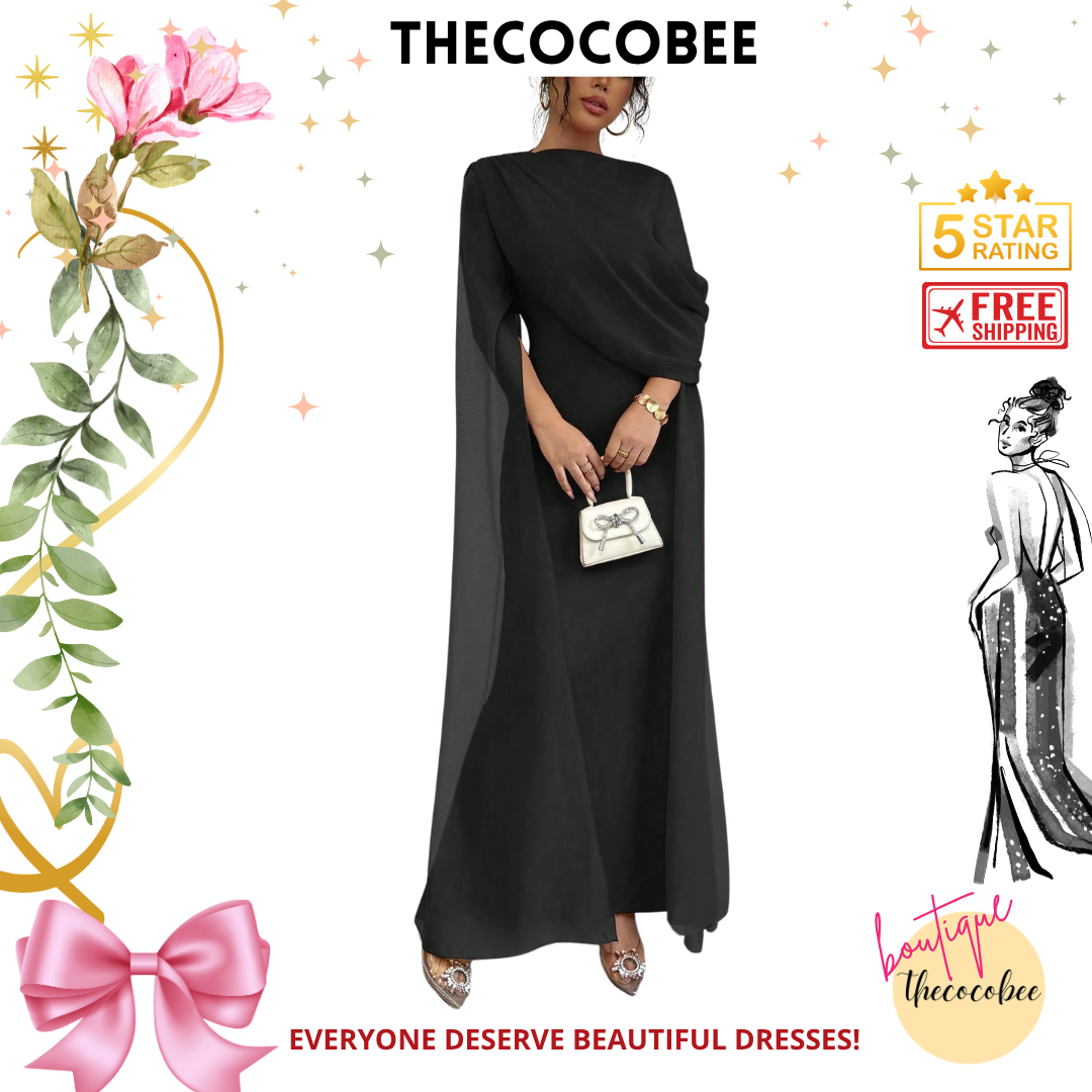 #129 Black Long Sleeve Maxi Dress With Draped Neckline And Cape Sleeves